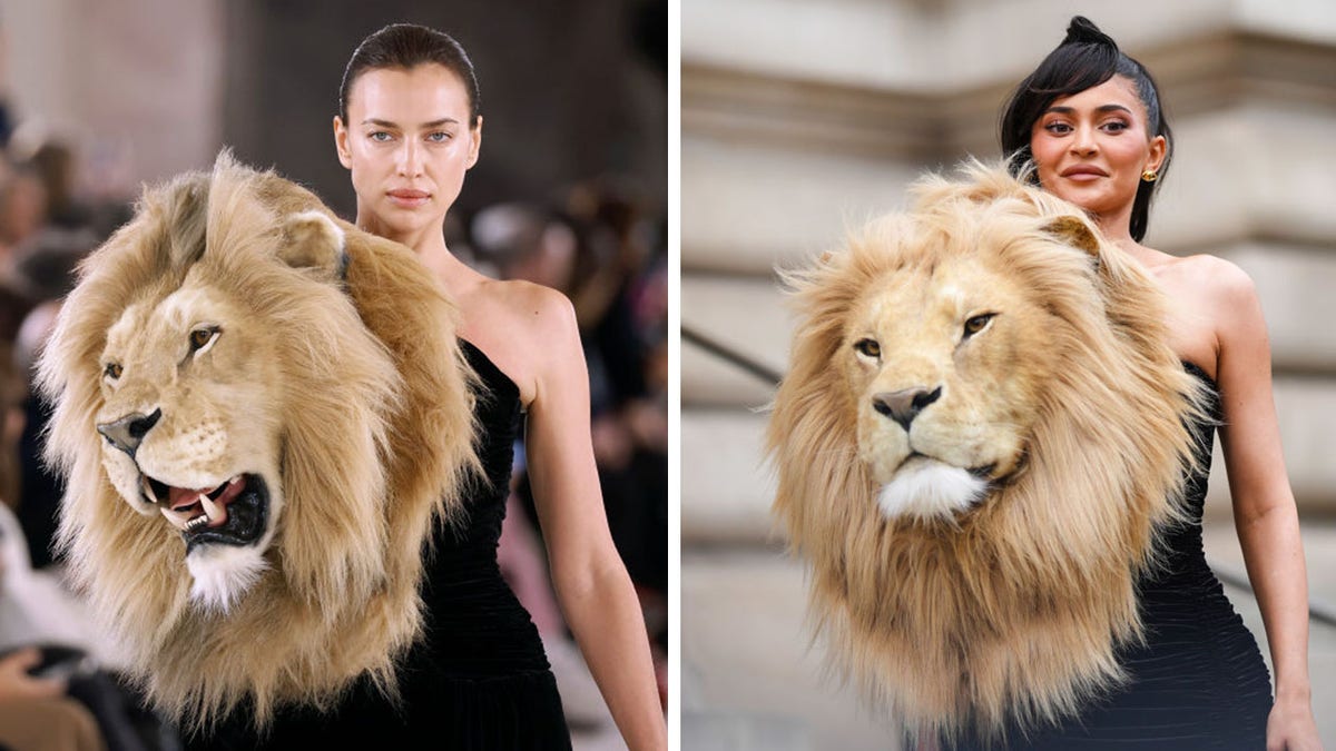 irina shayk lion head dress on runway kylie jenner lion head dress