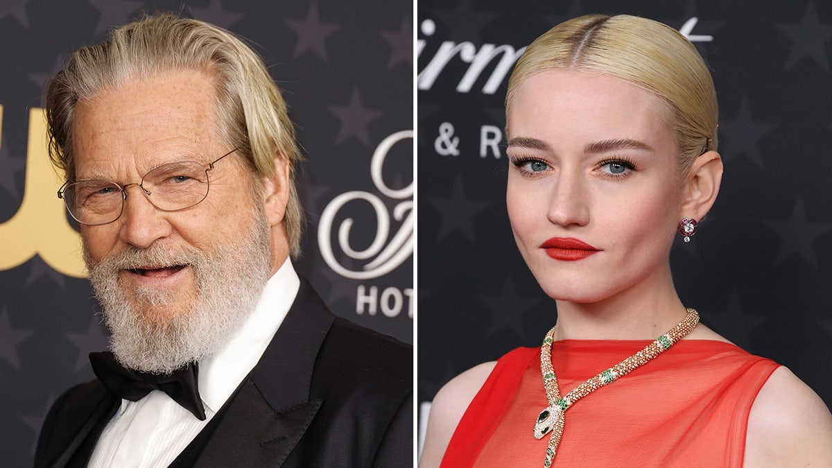 Jeff Bridges in a classic tuxedo at the Critics Choice Awards split Julia Garner in a red dress and large gold necklace at the Critics Choice Awards