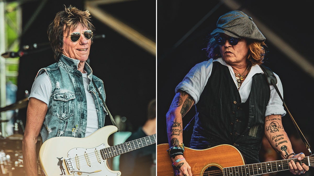 Jeff Beck in a light blue shirt and jean jacket vest with a white guitar split Johnny Depp with a shirt and vest playing a guitar on stage