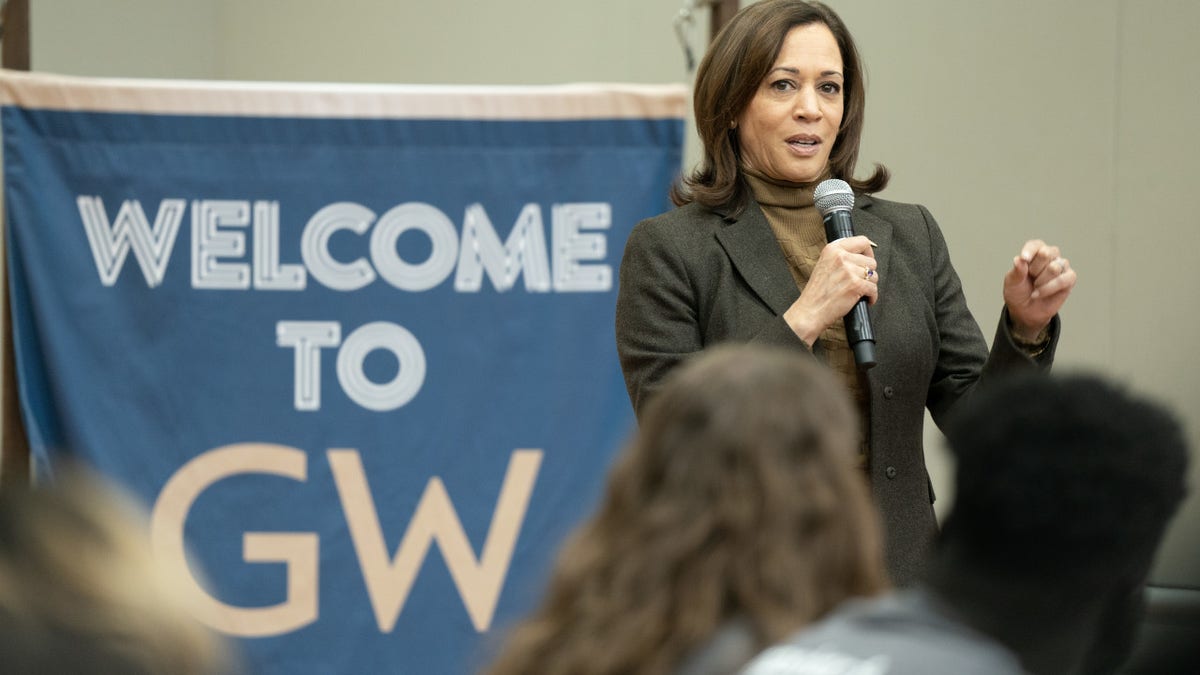 US Vice President Kamala Harris speaks during a Martin Luther King Jr. Day service project at George Washington University in Washington, DC, US, on Monday, Jan. 16, 2023.