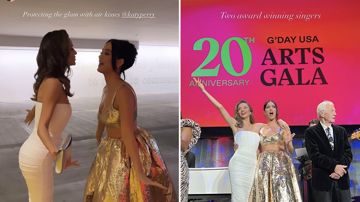 In photos posted to Miranda Kerr's Instagram, she and Katy Perry exchange air-kisses, split they stand together on stage at the G'Day USA Arts Gala.