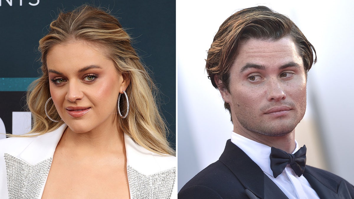 Kelsea Ballerini in a satin white suit and hoop earrings on the red carpet split Chase Stokes in a classic tuxedo on the red carpet