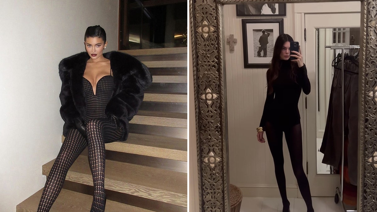 Kylie Jenner in an all black bodysuit and tights with tiny holes in them and a massive fur coat split Kendall Jenner posing in the mirror in an all black outfit