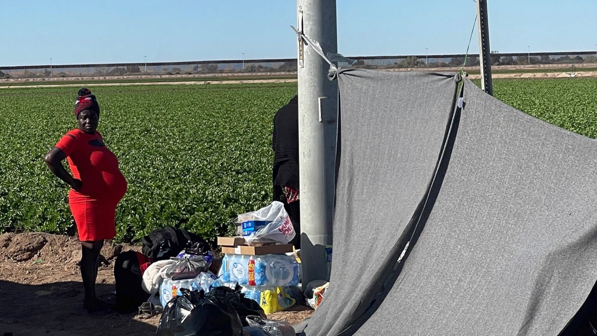 Migrants walk through farms in Yuma, Arizona