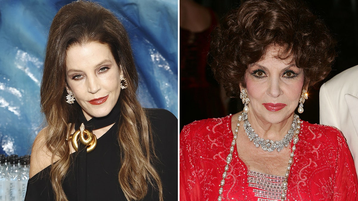 Lisa Marie Presley at the Golden Globes prior to her death in a black off-the-shoulder dress split Gina Lollobrigida in a red top and chain necklaces posing for a photo