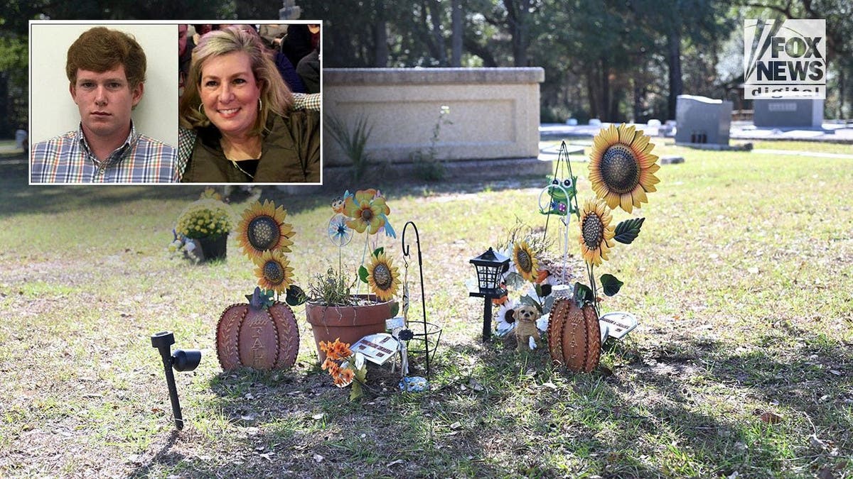 A photo illustration of a gravesite with the photos of a middle-aged woman and young boy.