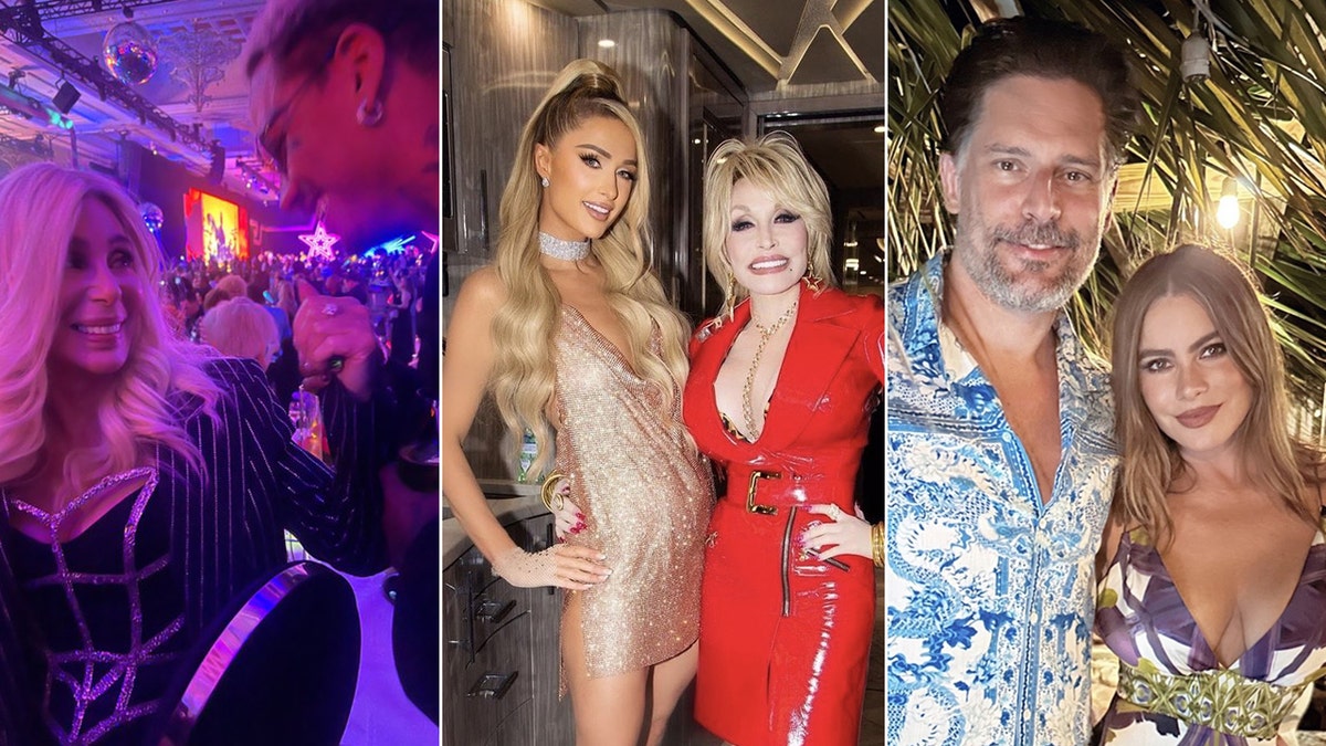 Cher is glowing as boyfriend Alexander looks at her split Paris Hilton in a gold dress poses alongside Dolly Parton in a red low-cut dress split Sofia Vergara and Joe Manganiello pose together for a photo