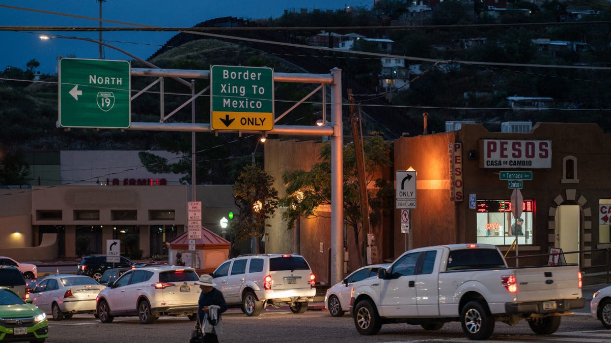 Traffic is seen backed up in Nogales, Arizona, including a lane of cars waiting to cross into Nogales, Sonora, Mexico