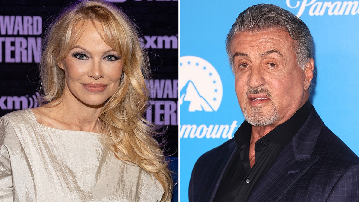 Pamela Anderson to take the Howard Stern show in a long sleeve white dress split Sylvester Stallone in a black button up on the red carpet