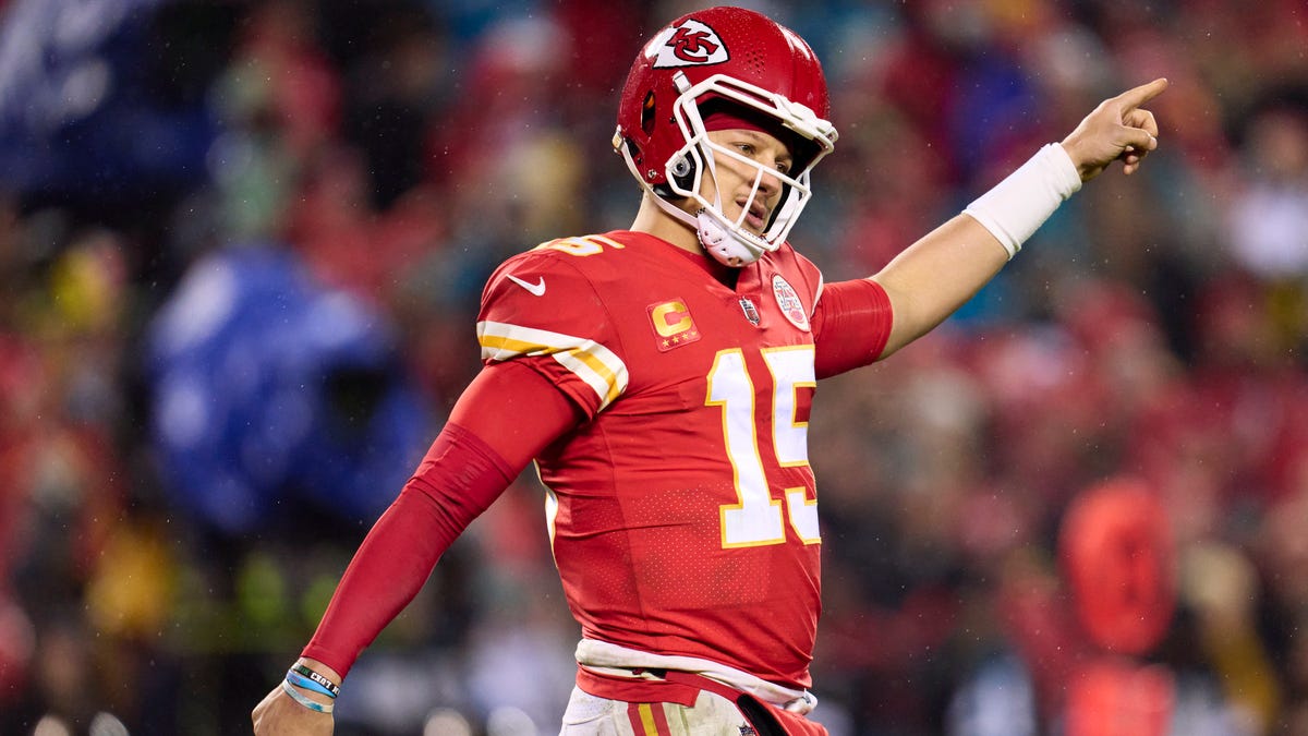 Patrick Mahomes of the Kansas City Chiefs reacts after a play against the Jacksonville Jaguars at Arrowhead Stadium on Jan. 21, 2023.