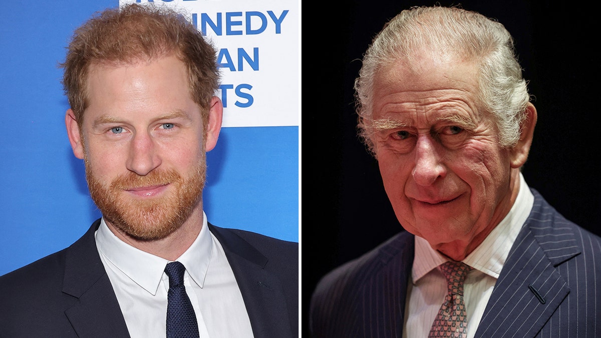 Prince Harry in a dark suit and tie on the red carpet split King Charles in a pin-striped suit and tie