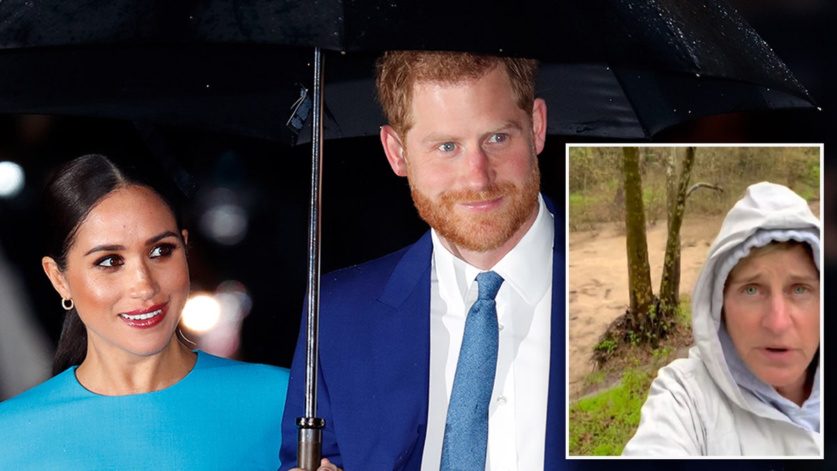 Prince Harry Meghan Markle and Ellen DeGeneres in rain