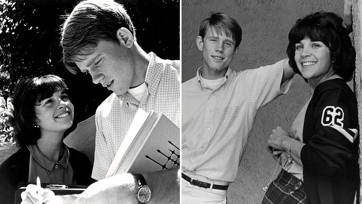 Cindy Williams looks affectionately at Ron Howard reading a book split Ron Howard and Cindy Williams stand side by side, with his arm outstretched above her head, both photos for "American Graffiti"