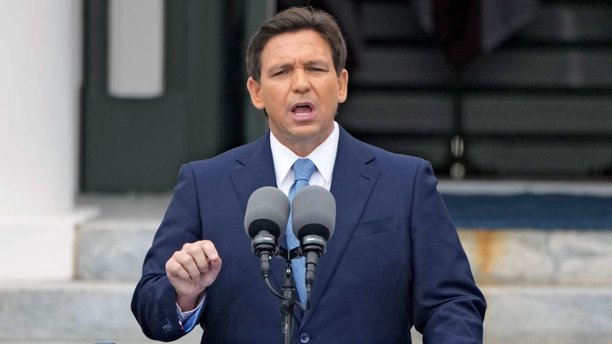 Ron DeSantis, who weighed in on school choice, speaks into microphones