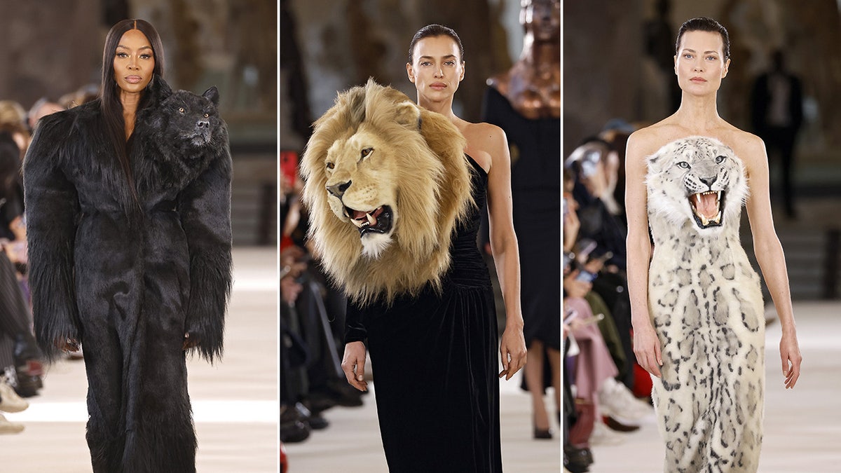 Models Naomi Campbell in a black furry trench with a wolf, Irina Shayk in a long black gown with a lions head, and Shalom Harlow in a long leopard dress with a leopard head at the top