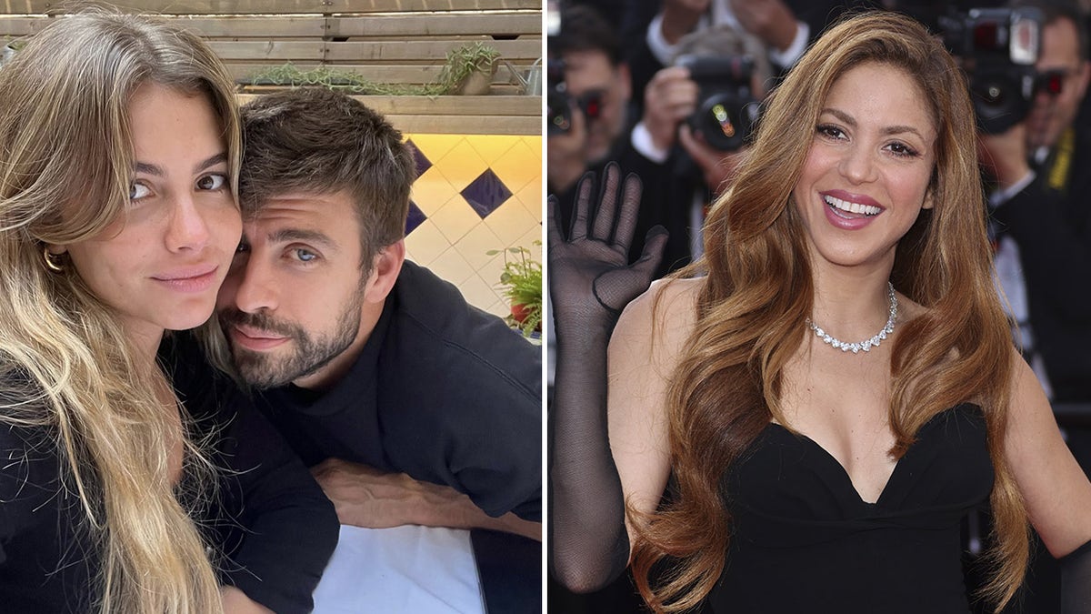 Gerard Piqué in a black sweatshirt cozies up to new girlfriend Clara Chia, also in black split Shakira waving her right hand in a black long transparent glove and v-cut black gown