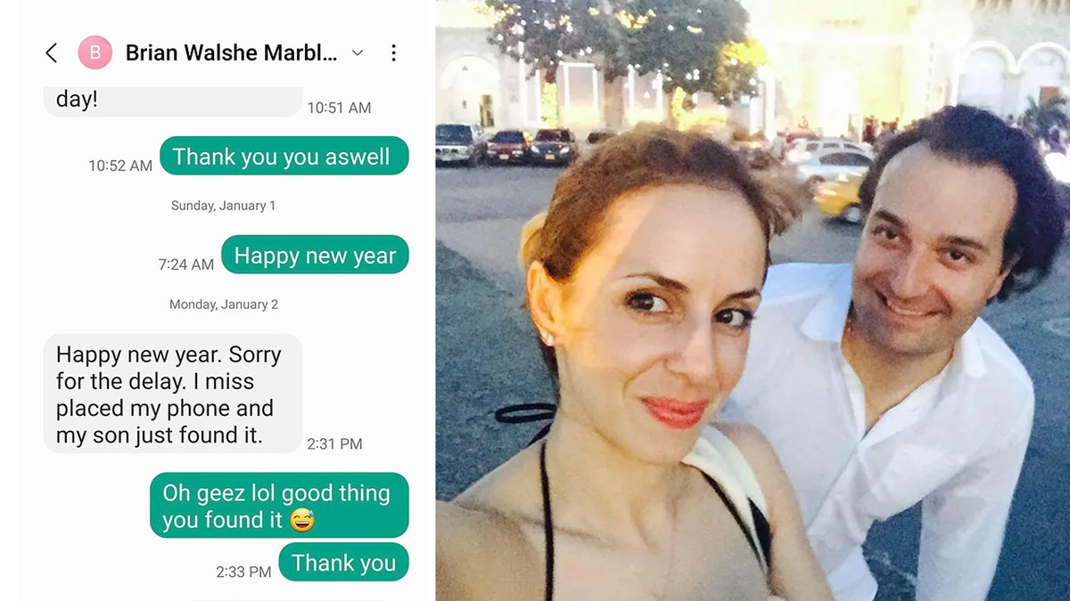 Ana and Brian Walshe pose in a selfie next to a text Brian sent a friend