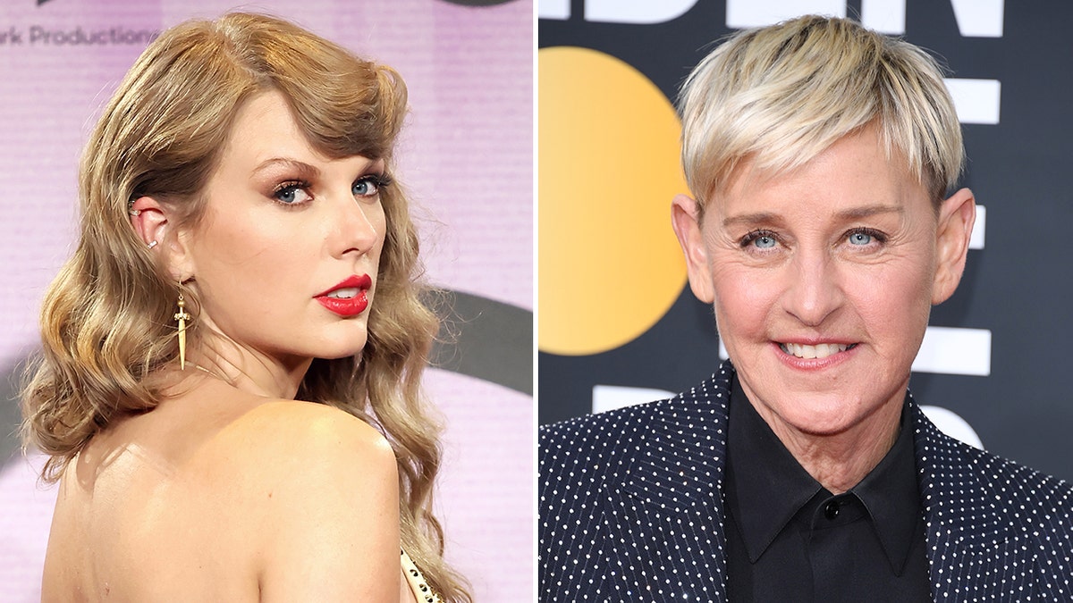 Taylor Swift with her head over her shoulder looks at the camera at the American Music Awards split Ellen DeGeneres in a dark blue polka dot blazer and black shirt at the Golden Globes