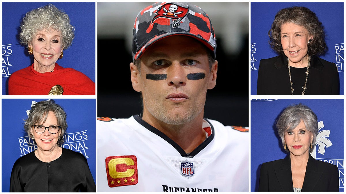 Tom Brady with eye-black on and a camo red Buccaneer's hat surrounded by pictures of Rita Moreno, Sally Field, Lily Tomlin, and Jane Fonda separately on the red carpet