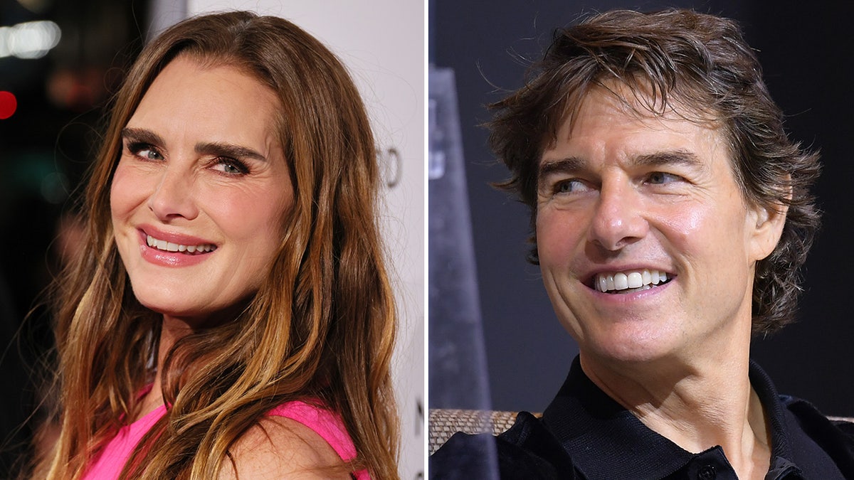 Brooke Shields in a hot pink dress looks off to the right on the red carpet split Tom Cruise in a black button down looks off to the left during a press meeting