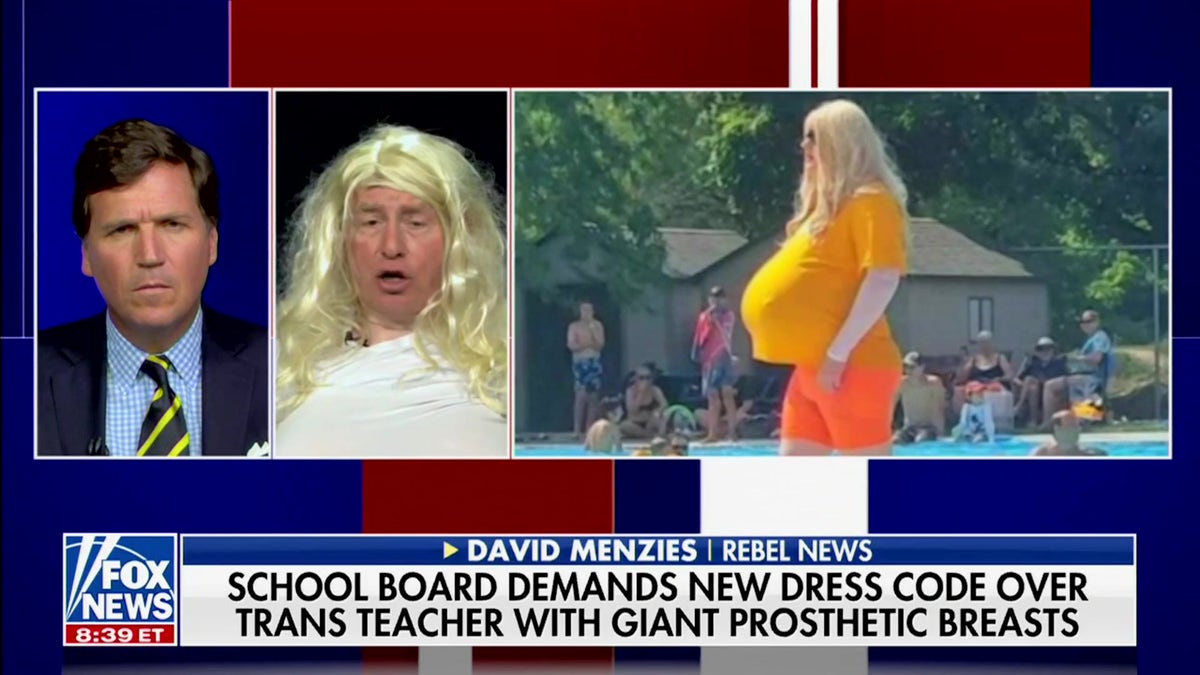 Tucker Carlson guest dresses as trans teacher with giant
