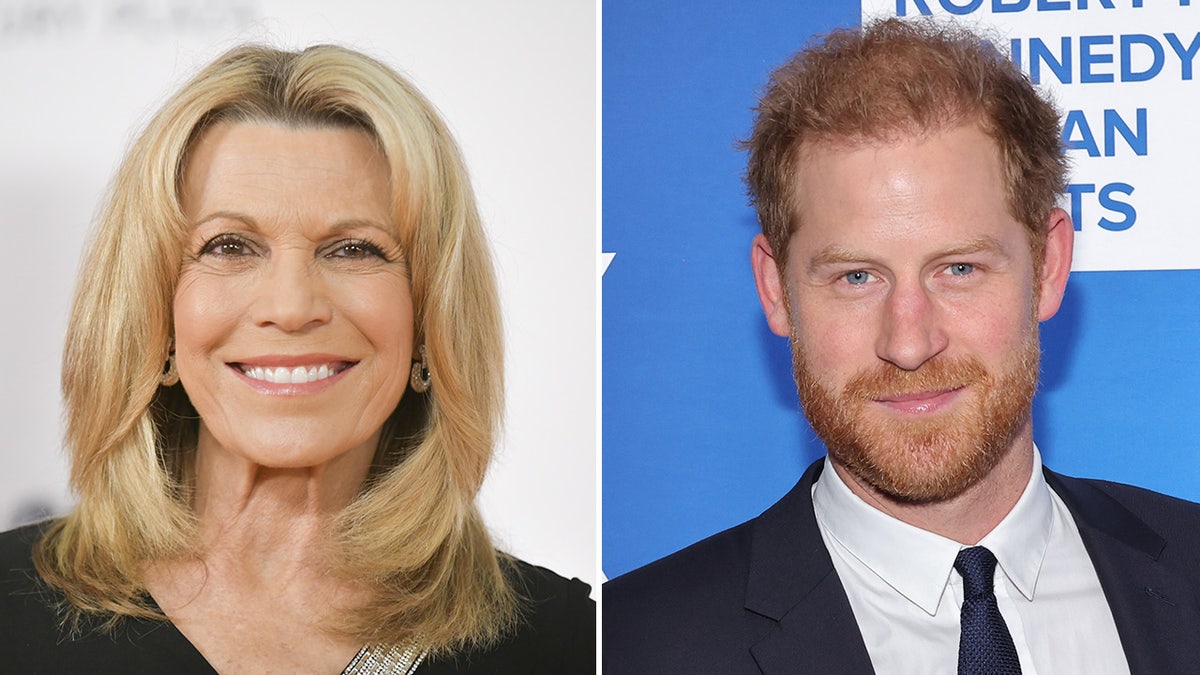 Vanna White in a black dress with short blonde hair smiles for a photo split Prince Harry in a dark blue suit and matching tie smies for a photo