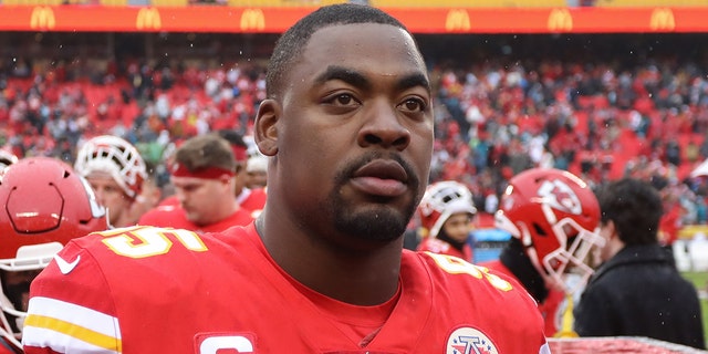 Kansas City Chiefs defensive tackle Chris Jones (95) before an AFC divisional playoff game against the Jacksonville Jaguars Jan. 21, 2023, at GEHA Field at Arrowhead Stadium in Kansas City, Mo.