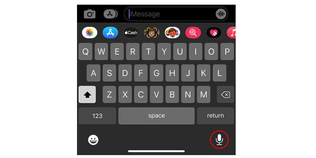 The iOS keyboard with instructions on how to click the dictation button.