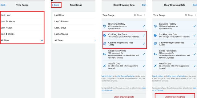 Petunjuk untuk menghapus cache dan cookie: Rentang waktu, kembali, menjelajah, cookie, situs, gambar cache, file, menghapus data.