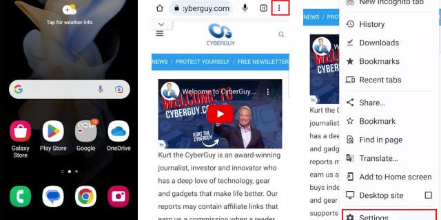 Petunjuk untuk menghapus cache dan cookie di Android: Google Chrome, tiga titik, pengaturan.