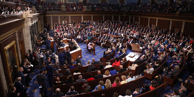 Members of the House of Representatives participate in the vote for Speaker on the first day of the 118th Congress in the House Chamber of the U.S. Capitol Building on January 03, 2023, in Washington, DC.