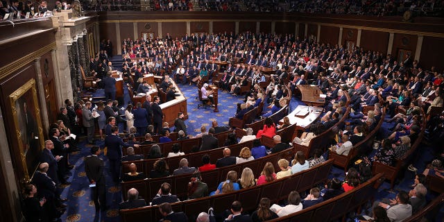 Members of the House of Representatives participate in the vote for Speaker on the first day of the 118th Congress in the House Chamber of the U.S. Capitol Building on January 03, 2023, in Washington, DC.