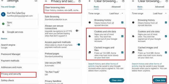 Petunjuk untuk menghapus cache dan cookie: Privasi + Keamanan, Hapus Data Penjelajahan, Riwayat, Cookie, Gambar cache, data situs, Hapus data.