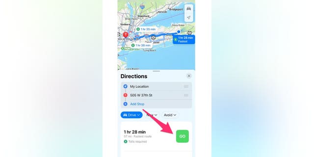 Petunjuk tentang cara mengklik "Pergi" di aplikasi Apple Maps.
