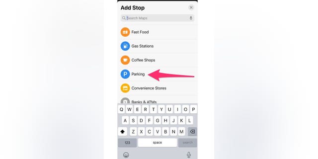 Screenshot showing location selected "Parking."