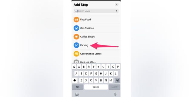 Screenshot showing where to select "Parking." 