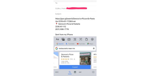 Using GBoard on iPhone to find restaurants.