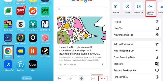 Cara mengetahui apakah kata sandi Anda merupakan bagian dari pelanggaran data di iPhone: Chrome, tiga titik, Pengelola Kata Sandi.
