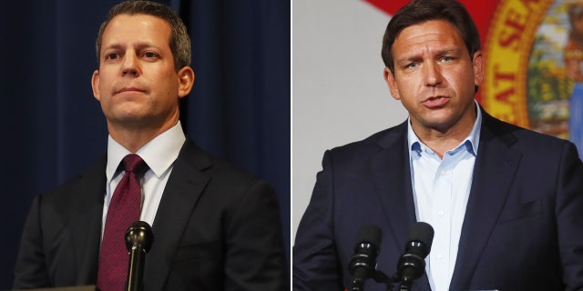Former Hillsborough County State Attorney Andrew Warren, left, and Florida Gov. Ron DeSantis