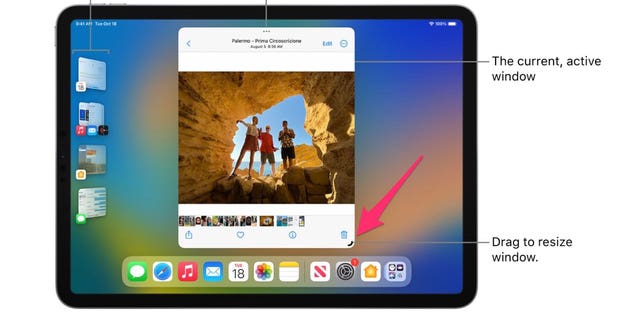 Petunjuk foto tentang cara memindahkan dan menyesuaikan berbagai jendela di iPad.