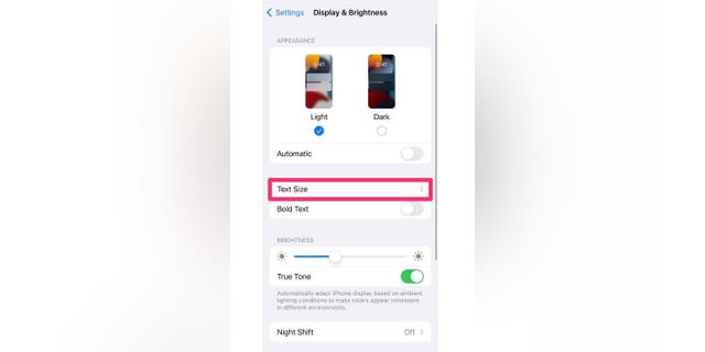 Screenshot showing how to select display text size and brightness.