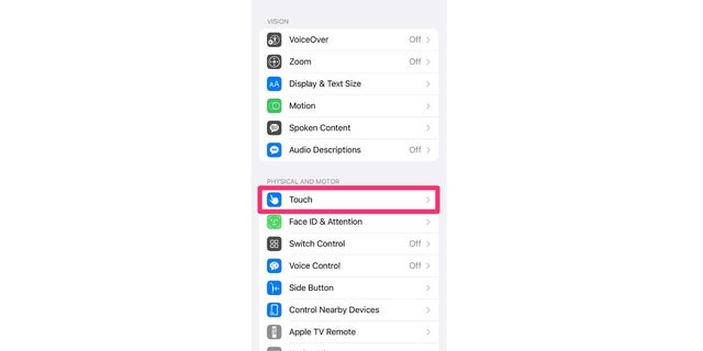 Sentuh ID di menu Aksesibilitas iPhone.