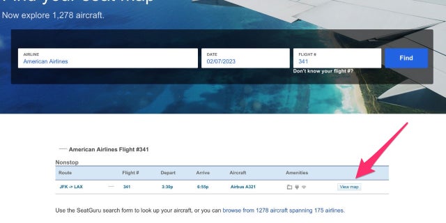 Tampilan dari "Lihat peta" di situs web SeatGuru.