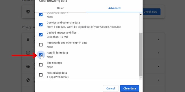 Make sure<strong> Autofill form data</strong> is checked off. Check off any other options you want to be cleared.