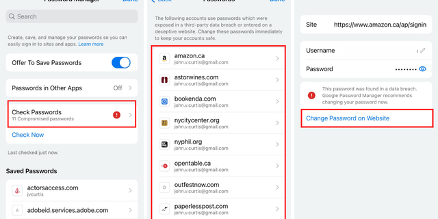 How to tell whether your password was part of a data breach: Check Passwords, Websites, Change Password. 