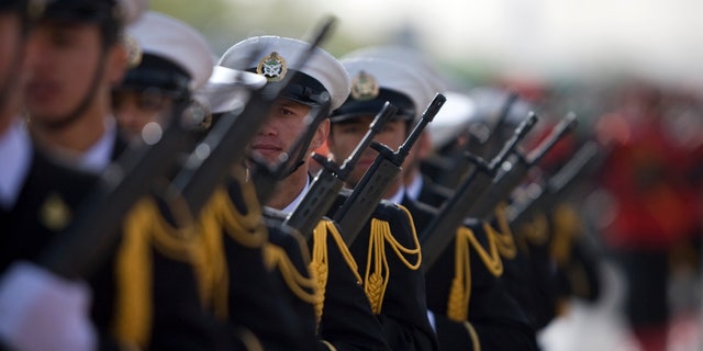 Members of the Iranian navy march during a parade. (Reuteres / Morteza Nikoubazl / File)