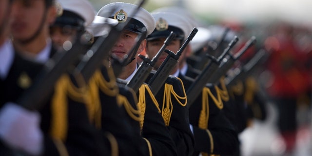 Members of the Iranian navy march during a parade. (Reuteres / Morteza Nikoubazl / File)