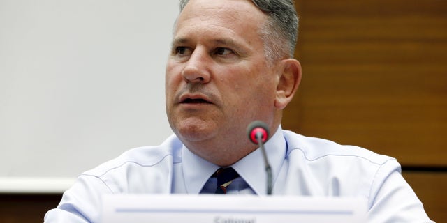 Former Commander of British Forces in Afghanistan Colonel Richard Kemp speaks during a side event with World Military Experts to Contradict Gaza Report and after presentation of report by the Independent Commission of Inquiry on the 2014 Gaza Conflict in Geneva, Switzerland, June 29, 2015.