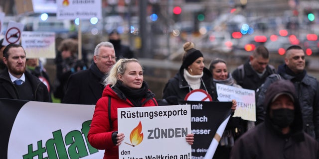 Elena Kolbasnikova, an organizer and leader of pro-Russia rallies, and originally from Ukraine, attends a rally in Cologne, Germany, Dec. 4, 2022.
