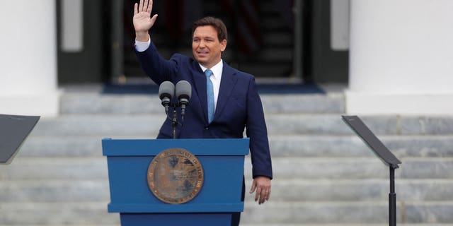 Florida's Governor Ron DeSantis after taking the oath of office waves to those in attendance at his second term inauguration in Tallahassee, Florida, on January 3, 2023.